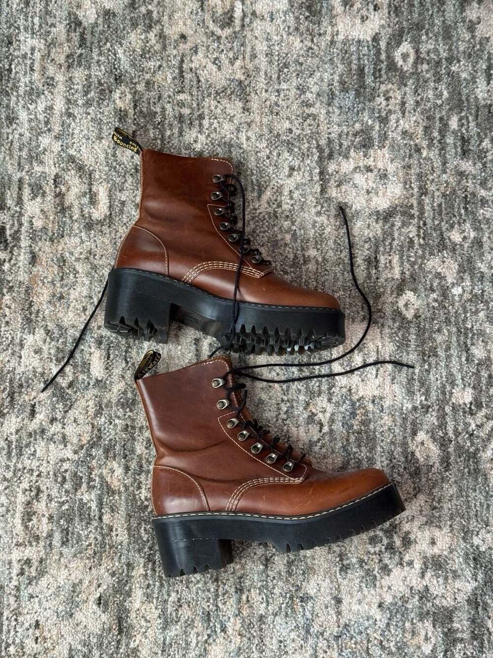 Dr. Martens Leona Butterscotch Brown Leather Platform Boots Size 7 UK